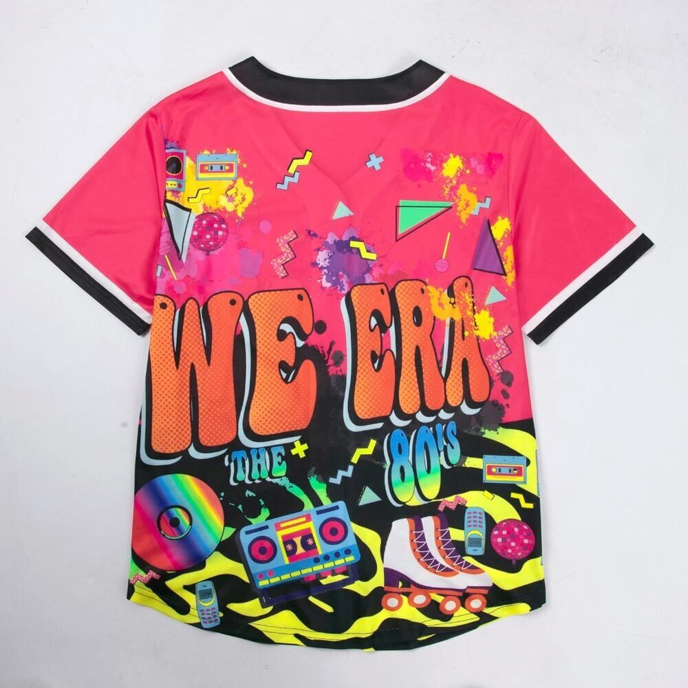 80s 90s Women Hip Hop Costume Baseball Jersey Top Retro Short Sleeve Shirt - Picture 3 of 6